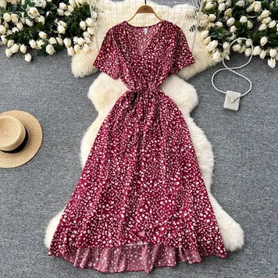 SHORT-SLEEVED FLORAL DRESS FOR WOMEN